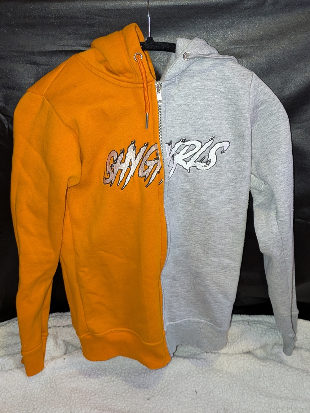 ShyGirls Split Orange and Gray Zip Hoodie with Script Graphic